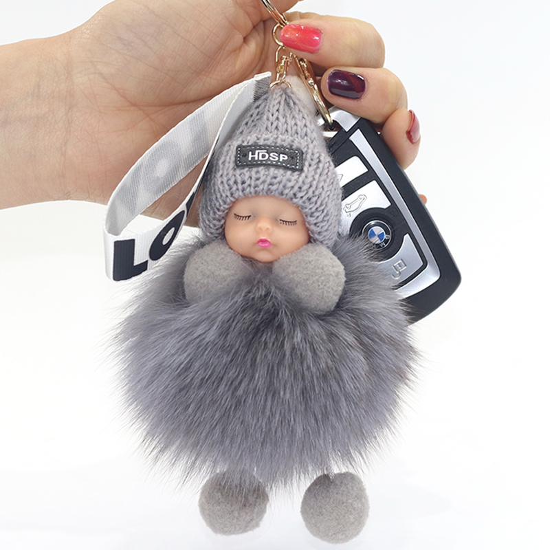 사용자 정의 봉제 Pompom 공 10cm 여우 모피 잠자는 아기 인형 Pom Pom 키 체인