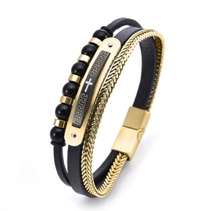 Pulsera de Cuero con Cruz y <span class=keywords><strong>Patrón</strong></span> de la <span class=keywords><strong>Gran</strong></span> Muralla China, de Acero Inoxidable, con Cierre Magnético y Cuentas, Multicapa, para Hombre - Product Image 4