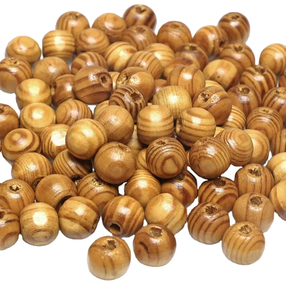 100pcs Wooden Beads Natural Round Striped Wood Beads Light Brown for DIY