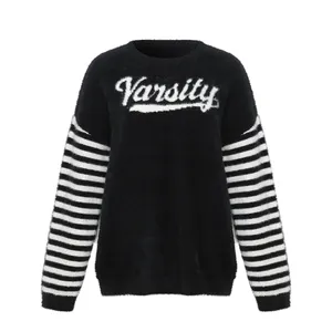 Striped Long Sleeved Warm Knit Top Round Neck Jacquard Women Autumn And Winter Standard Crew Neck High Street Pullovers Spring