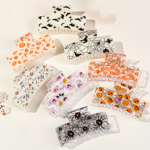 Pinza de Pelo Cuadrada con Estampado de Halloween de 8.5cm, Pinza de Plástico Rectangular para Cola de Caballo, Pinza de Pelo de Alta Calidad con Diseño de Araña y <span class=keywords><strong>Calabaza</strong></span> - Product Image 1