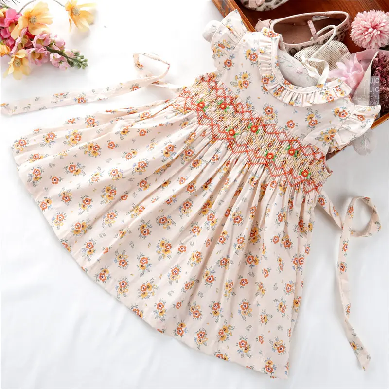 C526 2-8 summer floral cotton girls dress for summer Easter smocked baby clothing kids wholesale boutiques embroidery