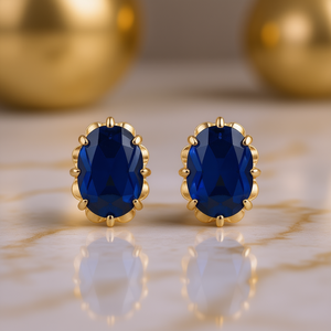 Pendientes de tuerca ovalados azul marino E2037 con engaste de garra de oro macizo de 18K, joyería fina clásica para mujer, uso diario - Product Image 2