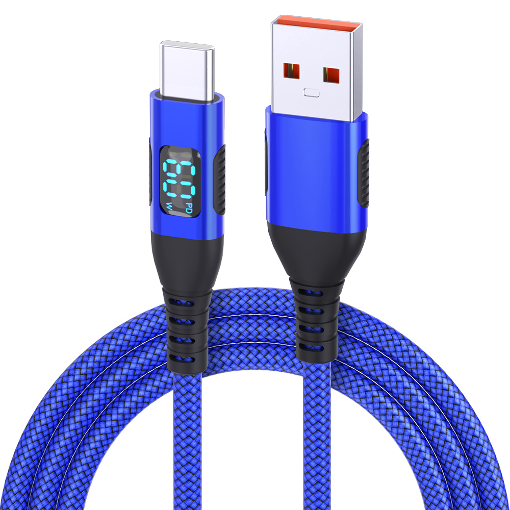 60W USB to USB-C Fast Charging Cable | Nylon Braided LED Digital Display Type-C Data Cable 1M, 2M &amp; 3M
