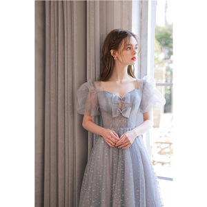 Grey Puff Sleeve Evening Gown Sweetheart Neckline Empire Waist Ruffles Performance Wedding Dress - Product Image 3