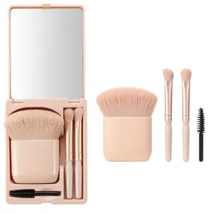 4 Pcs New Design Pink Portable Makeup Brushes Kit Travel Cosmetic Tool Portable Makeup Brush Set With Mirror Case