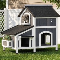 Rumah Kucing Outdoor Kayu Fir Modern dengan Jendela Pot Bunga - Abu-abu |   Beberapa Pintu Masuk Atap Tahan Air