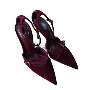 New Arrival Wine <strong>Red</strong> <strong>Suede</strong> Pointy High Heels Fine Buckle Women Pumps Pointed <strong>Shoes</strong> Sexy Thin Heels Sandal - Product Image 1