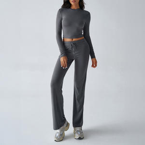 Özel LOGO Y2K kadınlar gündelik spor giyim 2 parça Set Slim Fit uzun kollu kırpma üst İpli pantolon katı eğlence takım elbise - Product Image 3