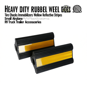 Cales de roue en caoutchouc robustes noires avec bandes réfléchissantes jaunes pour camping-car, camion, remorque - Product Image 1