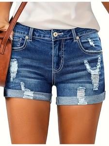 2026 Denim Shorts Women's High Waist Ripped Denim Shorts With <b>Folded</b> Hem - Product Image 5