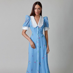 เดรสผู้หญิงแขนสั้นคอปกปีเตอร์แพนงานเย็บปะอย่างหรูหราสไตล์ฝรั่งเศสชุดเดรสผู้หญิงเอวสูงยืดหยุ่นกระดุมแถวเดียว - Product Image 2