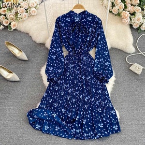 Nuevo dulce vestido plisado Floral con cordones lazo de cintura alta de manga larga vestidos de mujer contraste madera oreja <span class=keywords><strong>dobladillo</strong></span> <span class=keywords><strong>ropa</strong></span> de mujer - Product Image 5