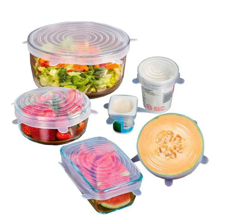 6 Pack Stretch Sizes Set Custom Brand Bowl Dishwasher Safe Fruit Food Wrap Reusable Cover Flexible Best Silicone Stretch Lids