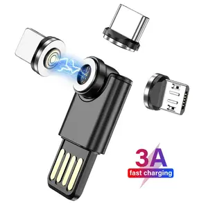 3A ชาร์จด่วนโอนข้อมูลโทรศัพท์มือถือ3 In 1 8PIN USB-C ไมโคร540หมุนอะแดปเตอร์ชาร์จแม่เหล็กสำหรับ iPhone และ Android