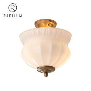 Plafonnier Vintage Rétro Crème Français, Lampe d'Entrée et de Balcon en Laiton Métallique avec <span class=keywords><strong>Verre</strong></span> Dépoli Côtelé, Luminaire Plafonnier Marlo - Product Image 1