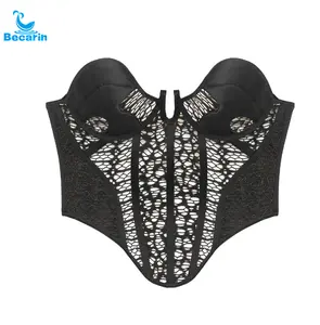 stylish private black sexy lace corset underwire transparent lace bikini set tulle flouncy thong bikini