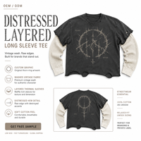 T-shirt homme à manches longues double couche, 100% coton, imprimé numérique personnalisé OEM, style vintage délavé à l'acide, avec motifs graphiques