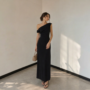 Última Tendencia Vestido Maxi Bohemio Negro de Un Solo Hombro con Cintura Imperio Transpirable para Mujer, Fruncido Asimétrico Sin Mangas Largo de Noche - Product Image 1