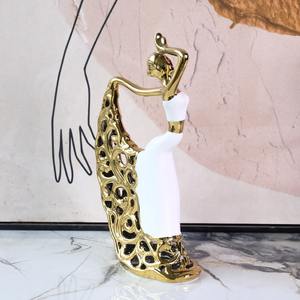 تمثال رقص طاووس سيراميك ذهبي أبيض فاخر شمالي-ديكور منزلي أنيق لغرفة المعيشة ، خزانة ، خزانة بار ، استوديو رقص - Product Image 3