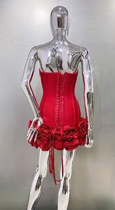 Abito da Sera di Lusso Rosso con Fiori Senza Spalline per Donna, Elegante Outfit per Feste di Compleanno e Balli di Gala, Mini Abito - Product Image 5