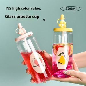 Taza de jugo de café de cristal estilo Ins de estilo moderno con tapa, Pajita de agua portátil <span class=keywords><strong>para</strong></span> ventosa de coque <span class=keywords><strong>para</strong></span> parejas/recién casados - Product Image 2