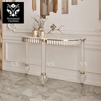 Console d'entrée de luxe en marbre avec pieds en cristal, finition dorée, design moderne, personnalisable pour salon, chambre, villa, hôtel