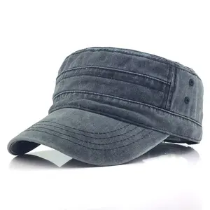 Wholesale Adjustable Washed Cotton Cadet Hat Cap Vintage Plain Denim Flat Top Baseball Caps For Men
