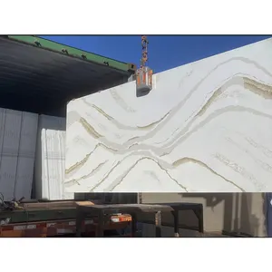 3200*1600 Jumbo Size Factory Price Gold Calacatta Mountain Polished Artificial Quartz Stone Slabs For Kitchen Countertop