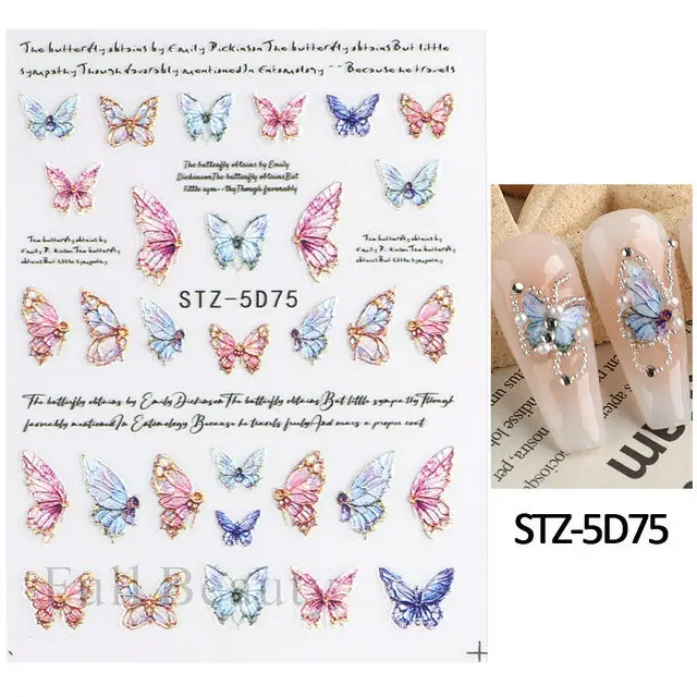 5D autocollant pour ongles en relief tridimensionnel rose papillon dos conception adhésif autocollant décalcomanies en gros Nail Art décoration