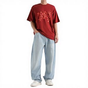 OEM Pantalon droit pour homme, grande taille, taille mi-haute, style rétro urbain, motif imprimé, doux, respirant, lavage chimique, bleu - Product Image 4