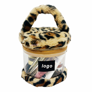 Cute Girl Travel Wash Toiletry Organizer Fashion Luxury Women Fluff Cylinder PVC Leopard Cosmetic Makeup Bag 2024 Make up Case - Product Image 1