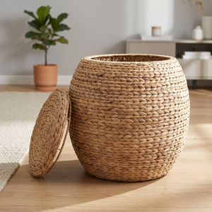 Handwoven Natural Water hyacinth Storage <b>Basket</b> <b>With</b> <b>Lid</b> Rustic Bowl Style Multi Purpose Eco Friendly Organizer - Product Image 2