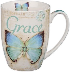 Taza de café de cerámica de mariposa azul Taza de café inspiradora 12 oz con versículo de la Biblia: Grace-Efesios. - Product Image 1