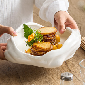 Rock Customized White Porcelain Noodle Soup Salad Bowls Sustainable European Design Style Food Serving Dinnerware Set Dessert - Product Image 1