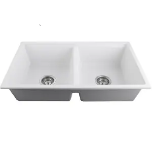 Modern Style White Granite Double Bowl Sink Rectangular Shape under-mount Installation Two Holes Kitchen Use