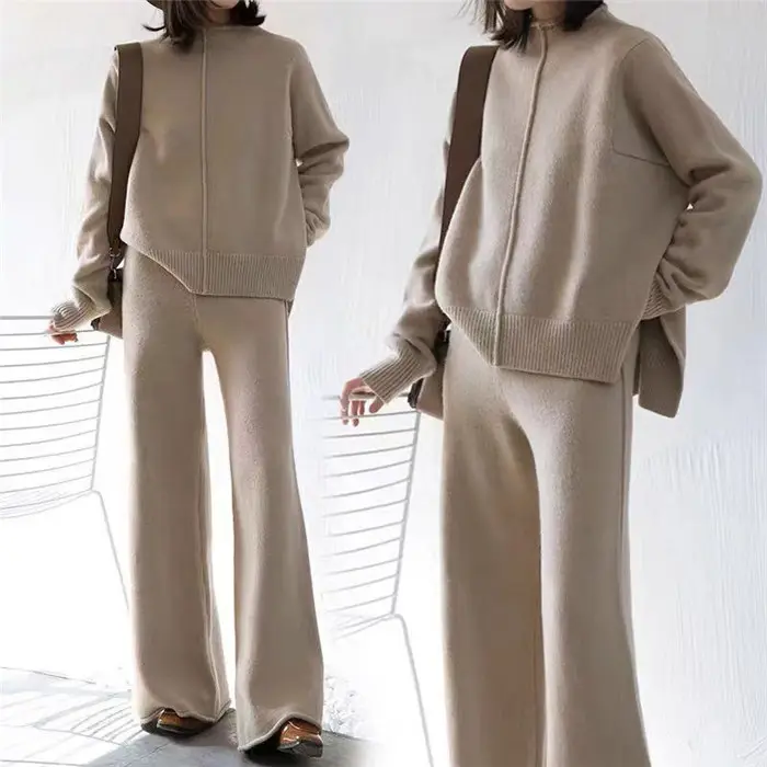 Toptan moda rahat geniş bacak pantolon batı tarzı yüksek boyunlu uzun kollu örme kazak gevşek iki parçalı takım elbise kadın