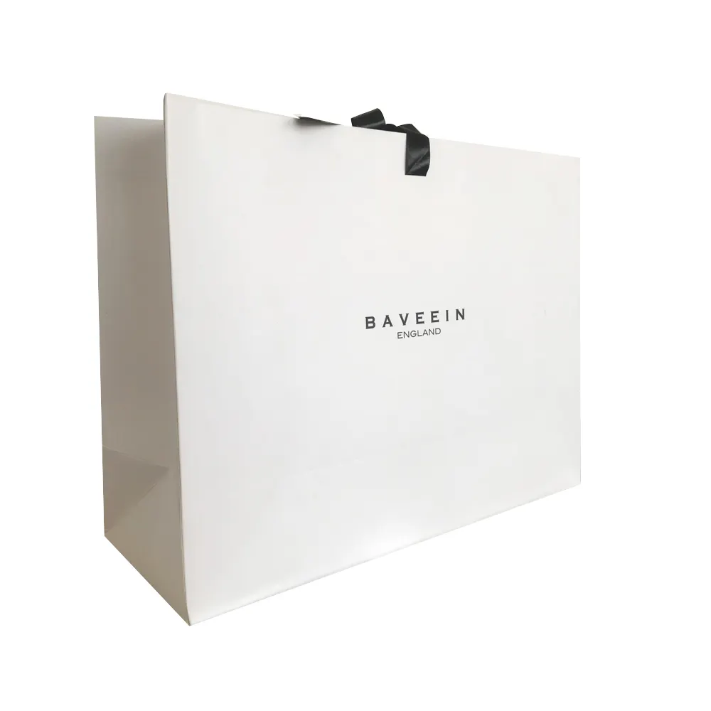 Luxus maßge schneiderte Logo Gold Stempel gedruckt weiß Geschenk papier Einkaufstaschen für Frauen einkaufen