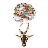 Bijoux à la mode Multistone Long noué à la main collier pendentif tête de vache Amazonite corne de taureau tête de crâne collier Mala