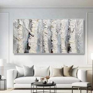 Textura abedul árbol pared arte bosque paisaje pintura al óleo sobre lienzo Horizontal blanco gris pintado a mano - Product Image 4