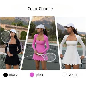 Gaun Olahraga Wanita Kerah Kotak Lengan Panjang Anti Guncangan Model Scallop untuk Golf dan Tenis dengan Celana Pendek - Product Image 6