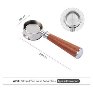 Porte-filtre à café expresso WPM 58MM sans fond avec 2 oreilles et poignée personnalisée - Product Image 2