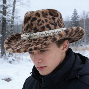 Fuodrao Sombrero de vaquero con estampado de leopardo M56-58cm, sombrero occidental de felpa para hombres y mujeres, sombrero cálido para otoño e invierno - Product Image 4