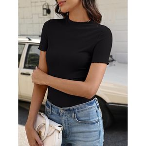FOXA Women's Ribbed <b>Mock</b> <b>Neck</b> Short Sleeve <b>Top</b> Slim Fit Casual Tee Shirt Breathable Spandex Cotton Spring Outfit - Product Image 6