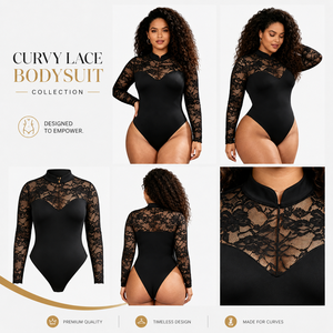 Wholesale Custom Plus Size <b>Black</b> <b>Lace</b> Shapewear <b>Bodysuit</b> Women <b>Long</b> <b>Sleeve</b> Mesh Waist Trainer Tummy Control Body Shaper - Product Image 6