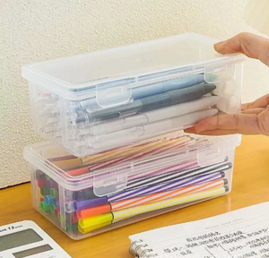 Étui à crayons en plastique transparent, boîte de rangement rectangulaire avec couvercle à boucle pour l'école et le bureau - Product Image 3