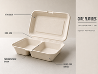 Boîte alimentaire écologique jetable en bagasse de canne à sucre 32 oz, compatible micro-ondes, sans PFAS, avec couvercle à charnière, pour la restauration et les plats à emporter
