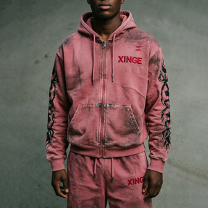 Ensemble de sweats à capuche personnalisés avec logo sérigraphié, en molleton 100 % coton, délavé à l'acide, effet vieilli, avec strass, pour homme, style streetwear - Product Image 2