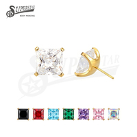 SUPERSTAR ASTM F136 Titane sans filetage à enfiler Labret pour lèvre, clou à griffes carré en CZ, bijoux de piercing pour cartilage d'oreille et corps