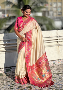 Sari de seda Cream Gala con ricos bordes tejidos Paithani Pallu y Kadiyal Zari para una mezcla de elegancia atemporal tradicional - Product Image 5